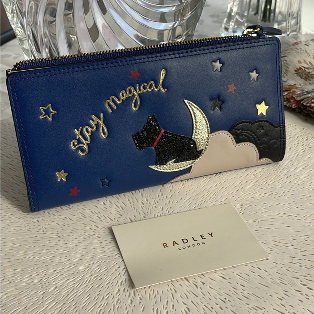 RADLEY LONDON Navy Leather Zip Wallet with Moon Dog and Star Appliqués